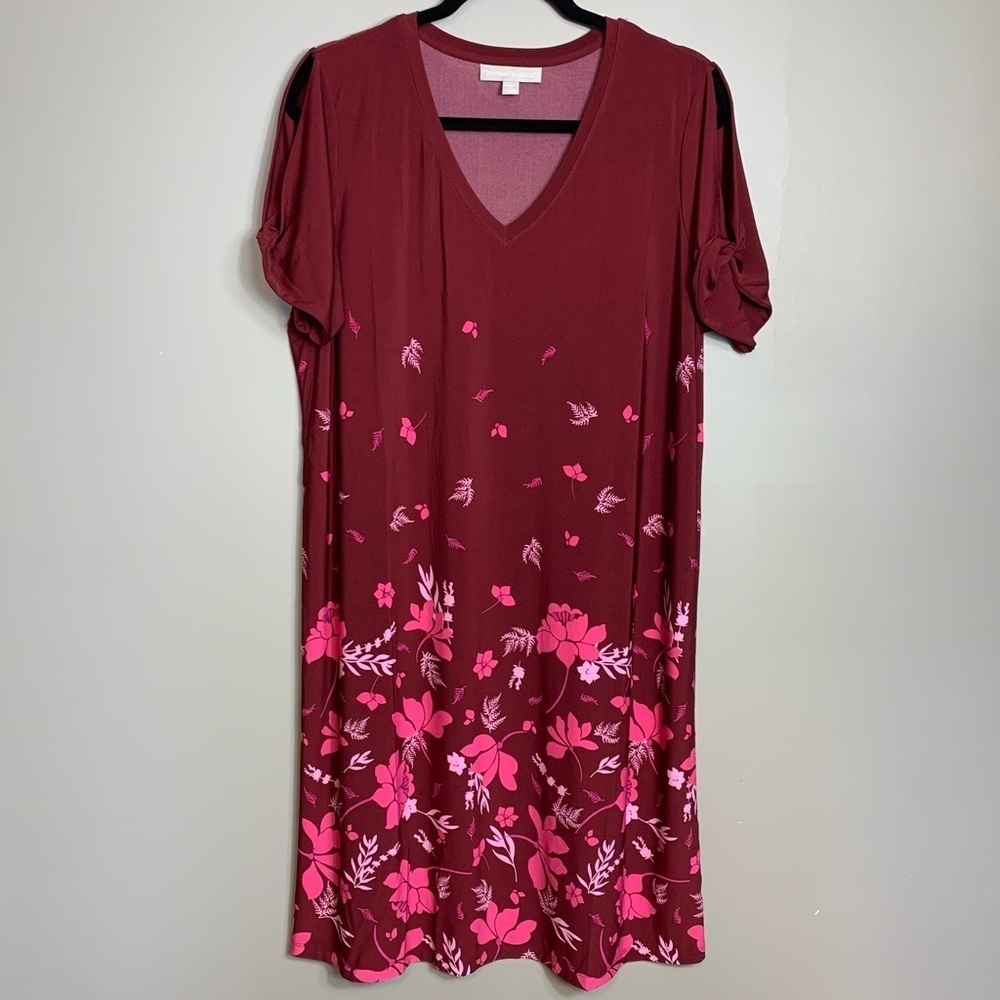 Woman Within V Neck Shift Dress Knit Pullover Plus Size 14 Red Floral Casual